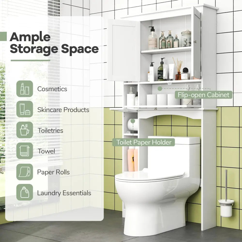 Over the Toilet Storage Cabinet with Adjustable Shelf and Bottom Bar-White - White - Over the Toilet Storage