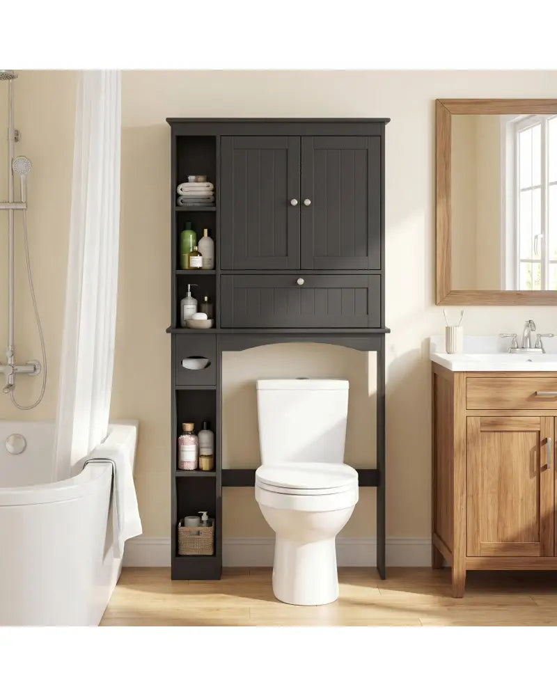 Over the Toilet Storage Cabinet with Adjustable Shelf and Bottom Bar-Black - Black - Over the Toilet Storage