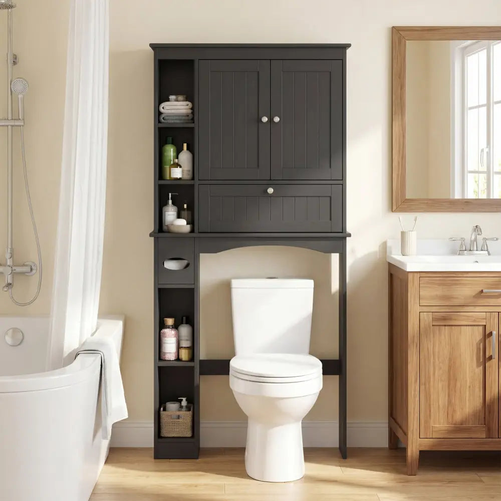 Over the Toilet Storage Cabinet with Adjustable Shelf and Bottom Bar-Black - Black - Over the Toilet Storage