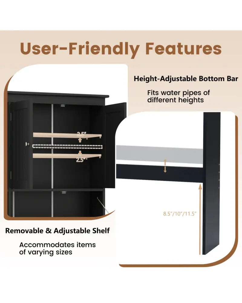Over the Toilet Storage Cabinet with Adjustable Shelf and Bottom Bar-Black - Black - Over the Toilet Storage