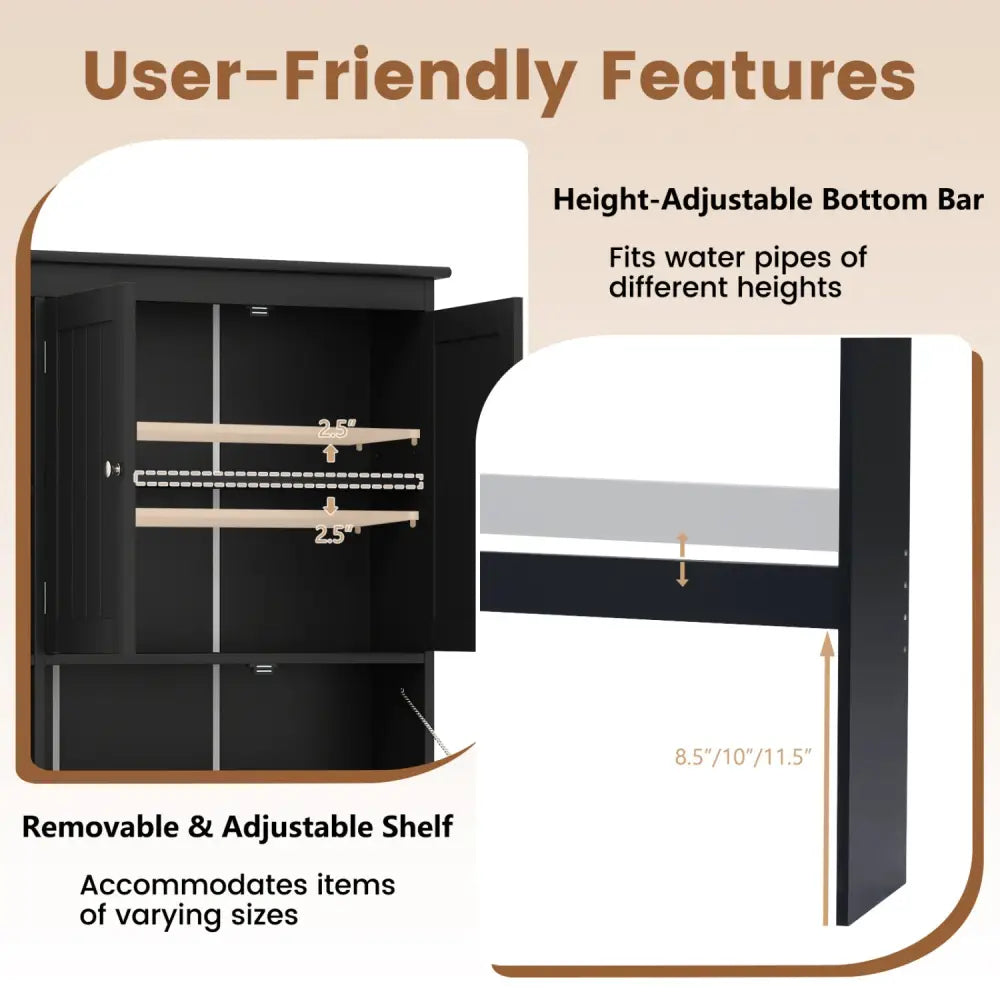 Over the Toilet Storage Cabinet with Adjustable Shelf and Bottom Bar-Black - Black - Over the Toilet Storage