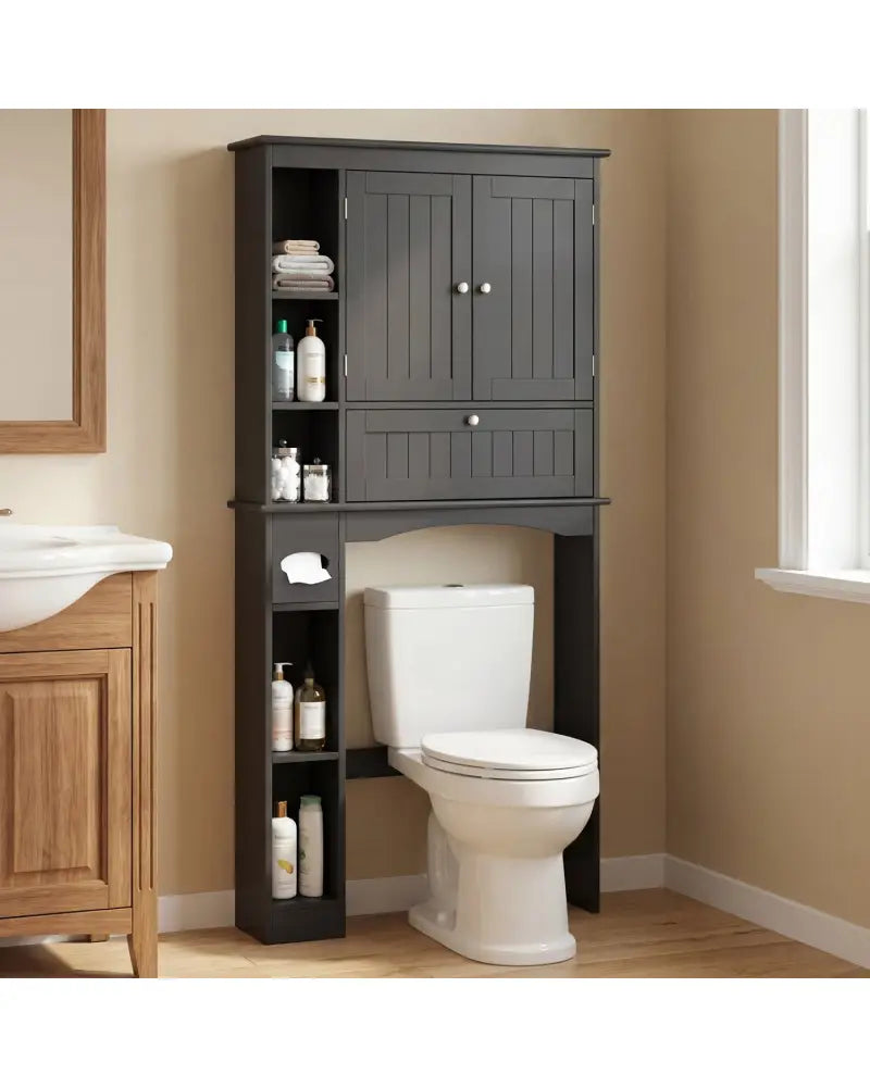 Over the Toilet Storage Cabinet with Adjustable Shelf and Bottom Bar-Black - Black - Over the Toilet Storage
