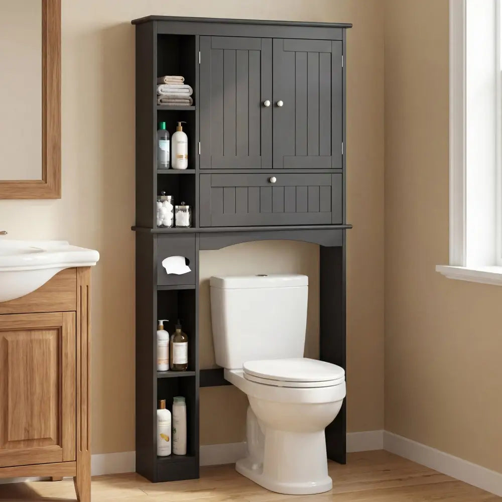 Over the Toilet Storage Cabinet with Adjustable Shelf and Bottom Bar-Black - Black - Over the Toilet Storage