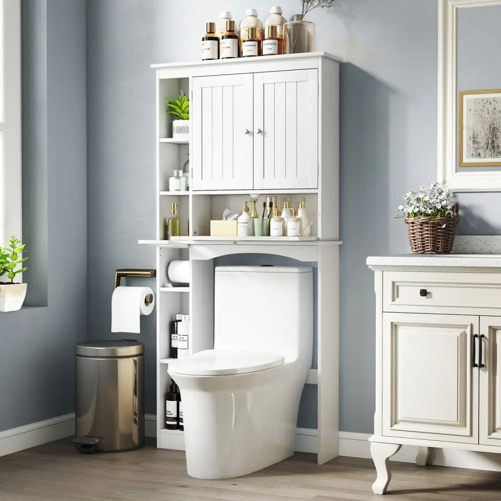 Over the Toilet Storage Cabinet with Adjustable Shelf and Bottom Bar-White - White - Over the Toilet Storage