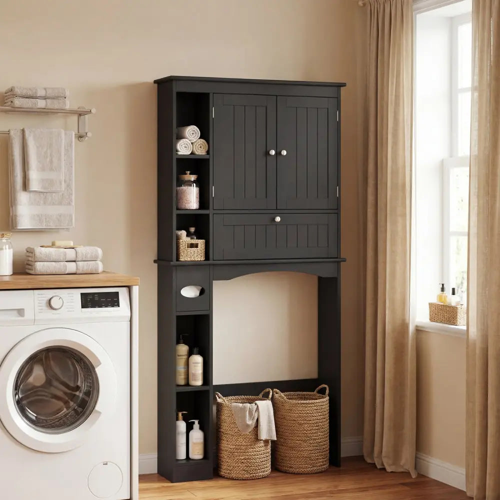 Over the Toilet Storage Cabinet with Adjustable Shelf and Bottom Bar-Black - Black - Over the Toilet Storage