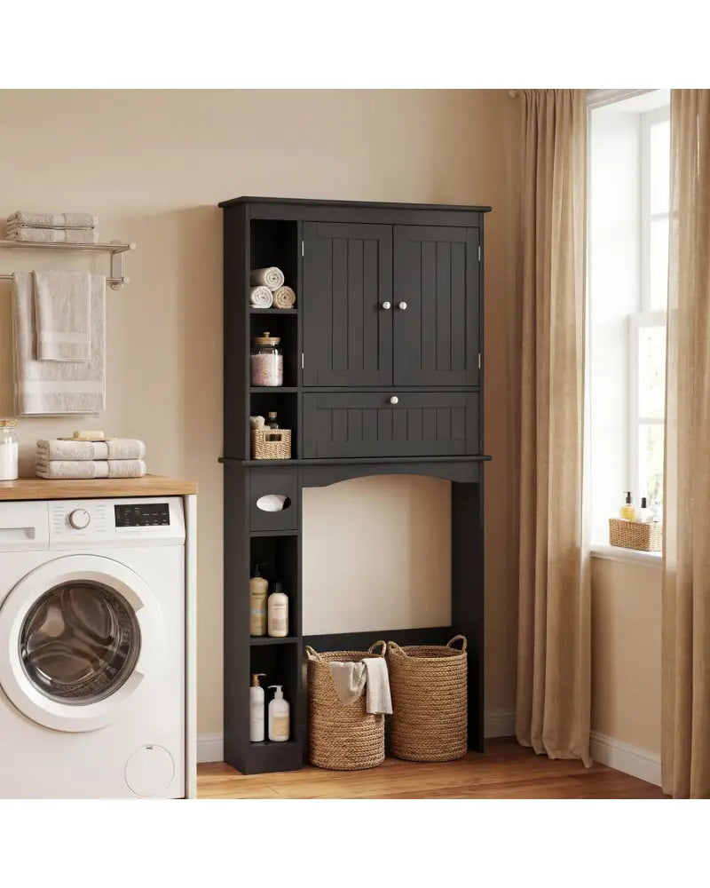 Over the Toilet Storage Cabinet with Adjustable Shelf and Bottom Bar-Black - Black - Over the Toilet Storage