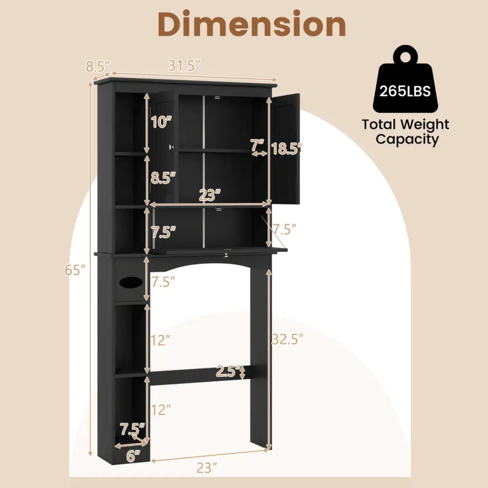 Over the Toilet Storage Cabinet with Adjustable Shelf and Bottom Bar-Black - Black - Over the Toilet Storage