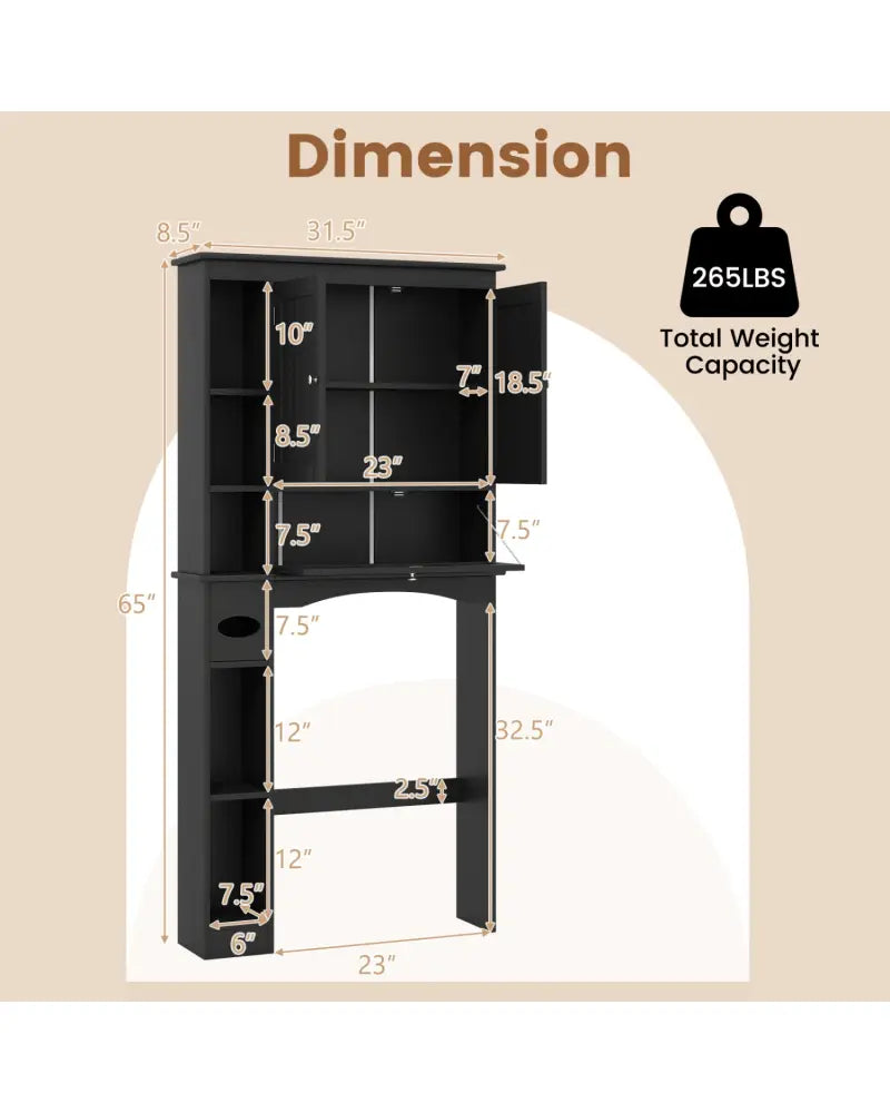 Over the Toilet Storage Cabinet with Adjustable Shelf and Bottom Bar-Black - Black - Over the Toilet Storage