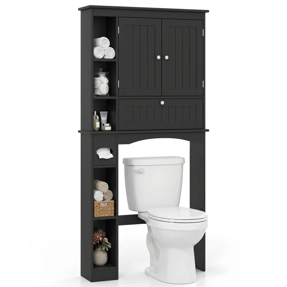 Over the Toilet Storage Cabinet with Adjustable Shelf and Bottom Bar-Black - Black - Over the Toilet Storage