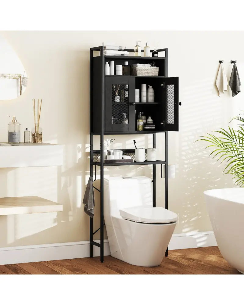 Over-The-Toilet Storage Cabinet with Heavy-Duty Metal Frame 2-door Freestanding-Black - Black - Over the Toilet Storage