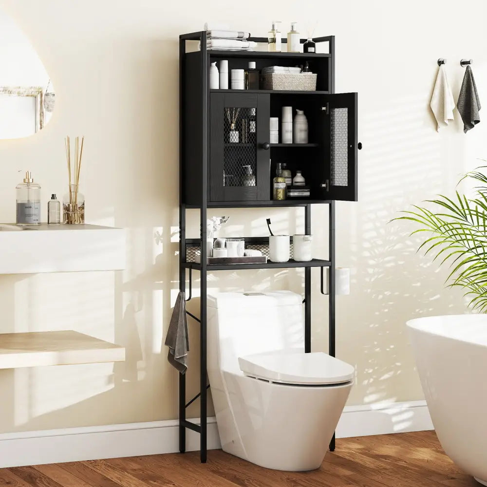 Over-The-Toilet Storage Cabinet with Heavy-Duty Metal Frame 2-door Freestanding-Black - Black - Over the Toilet Storage
