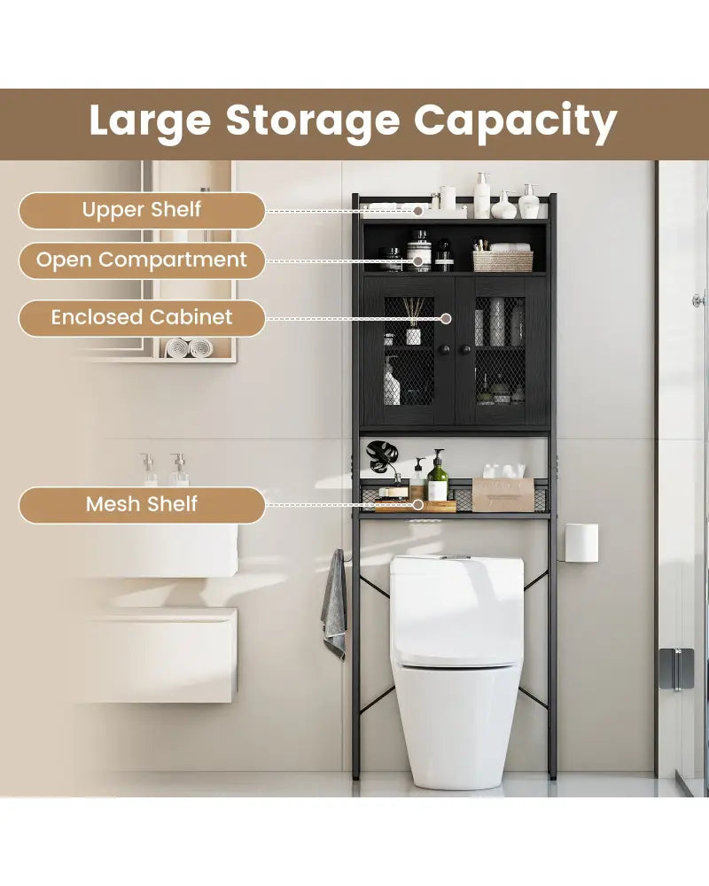Over-The-Toilet Storage Cabinet with Heavy-Duty Metal Frame 2-door Freestanding-Black - Black - Over the Toilet Storage