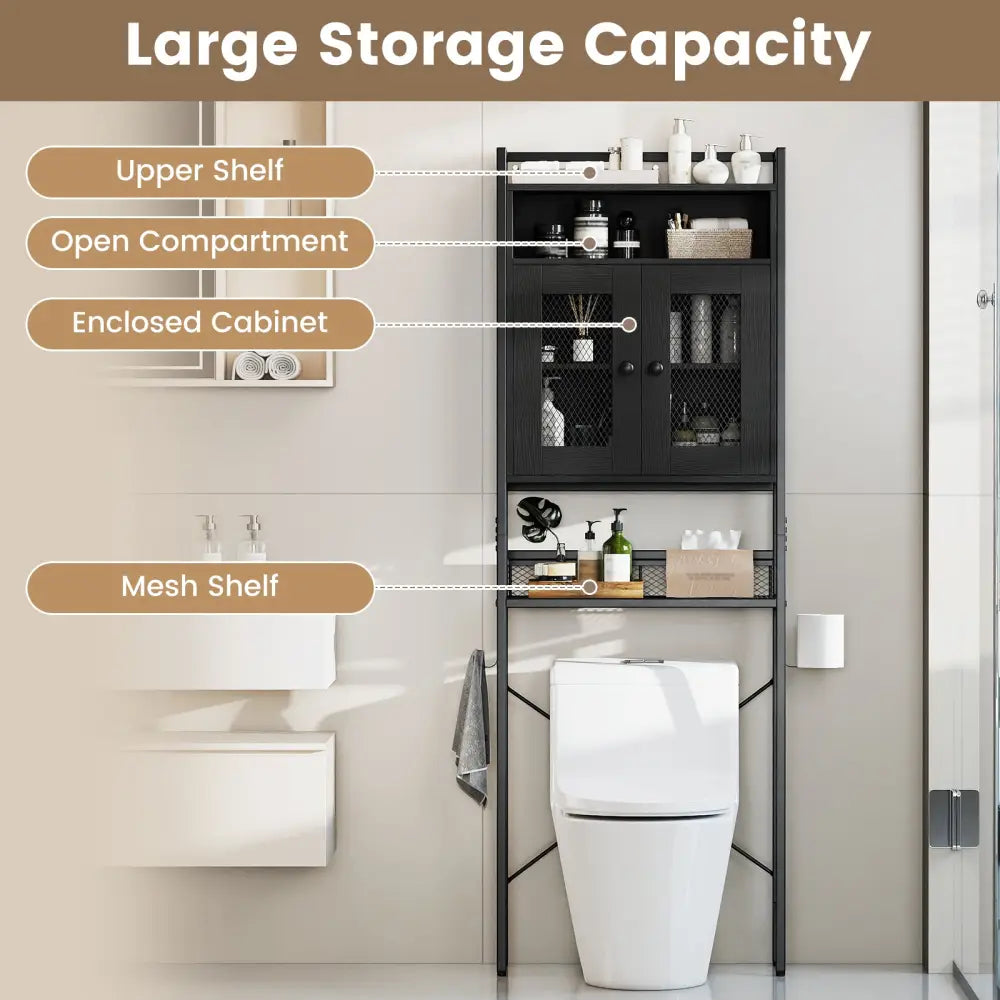 Over-The-Toilet Storage Cabinet with Heavy-Duty Metal Frame 2-door Freestanding-Black - Black - Over the Toilet Storage