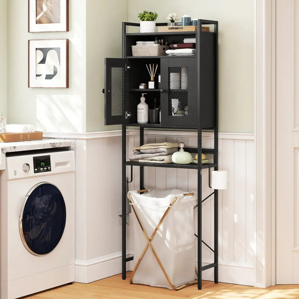 Over-The-Toilet Storage Cabinet with Heavy-Duty Metal Frame 2-door Freestanding-Black - Black - Over the Toilet Storage