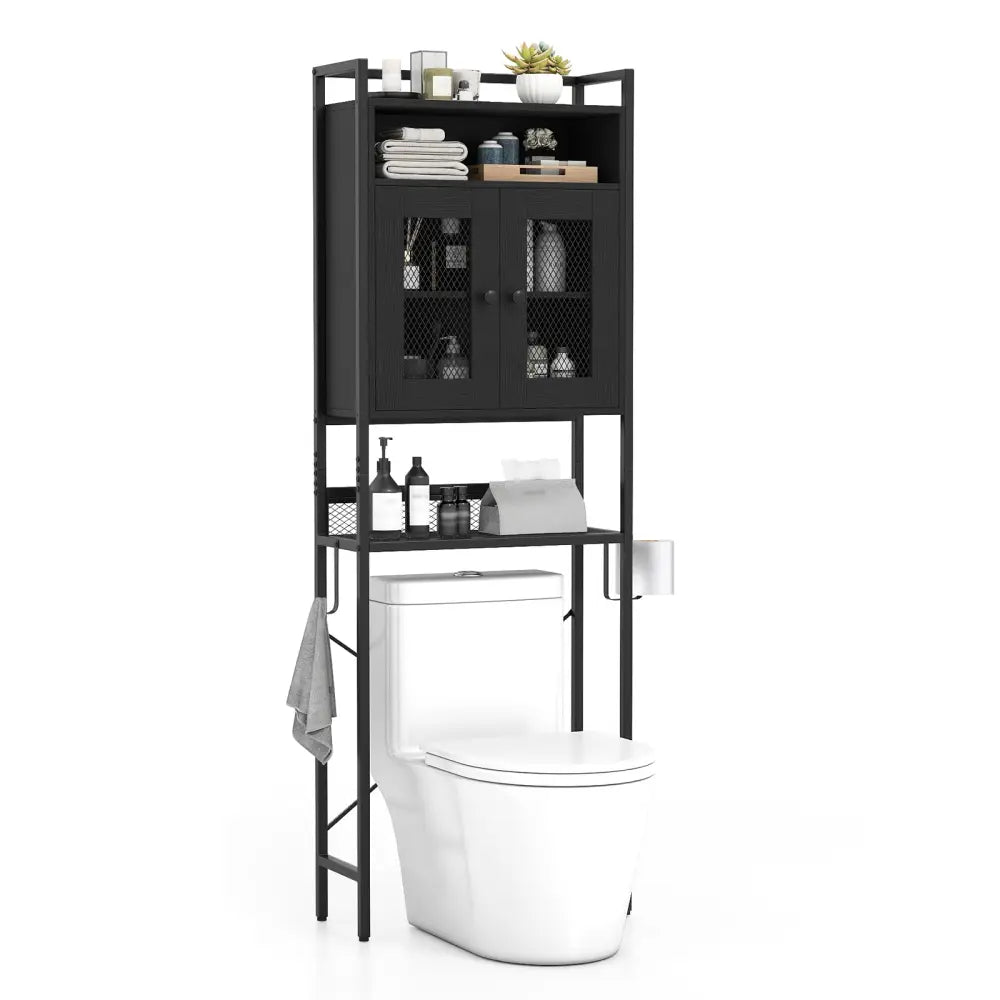 Over-The-Toilet Storage Cabinet with Heavy-Duty Metal Frame 2-door Freestanding-Black - Black - Over the Toilet Storage