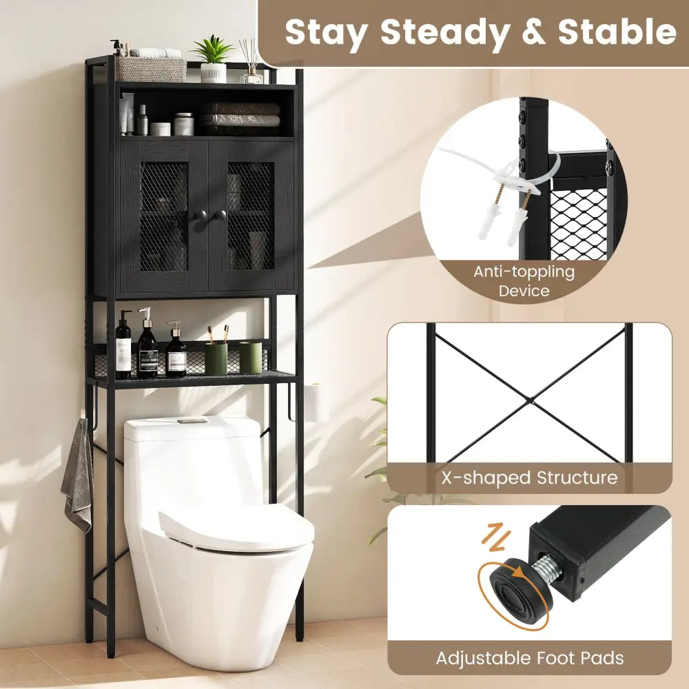 Over-The-Toilet Storage Cabinet with Heavy-Duty Metal Frame 2-door Freestanding-Black - Black - Over the Toilet Storage