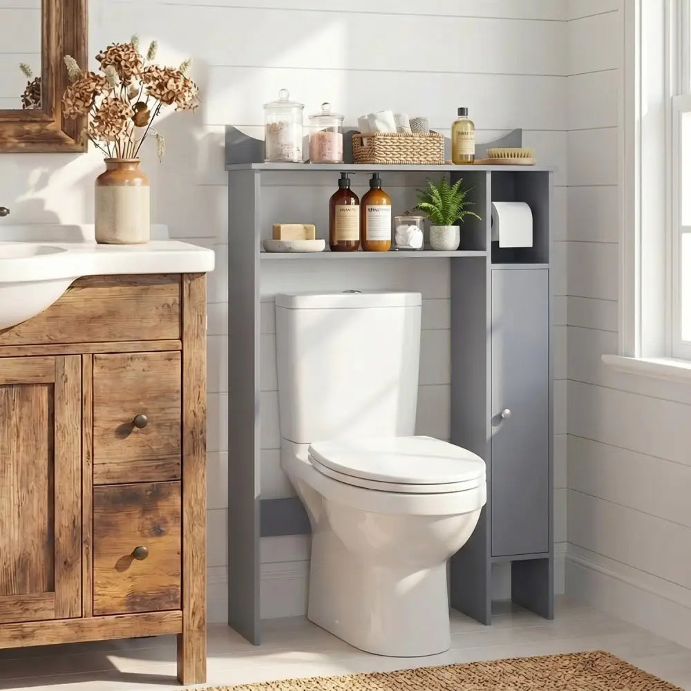 Over the Toilet Storage Cabinet with Toilet Paper Holder-Gray - Gray - Over the Toilet Storage