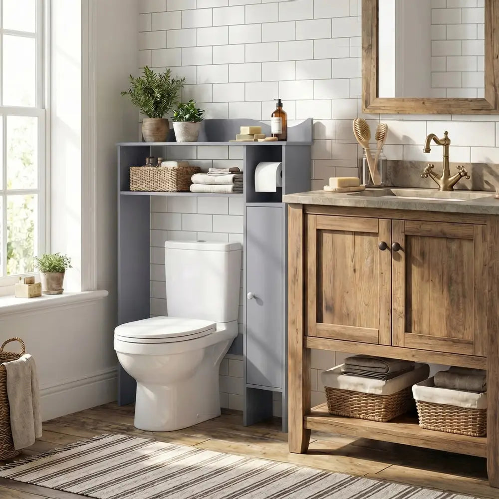 Over the Toilet Storage Cabinet with Toilet Paper Holder-Gray - Gray - Over the Toilet Storage