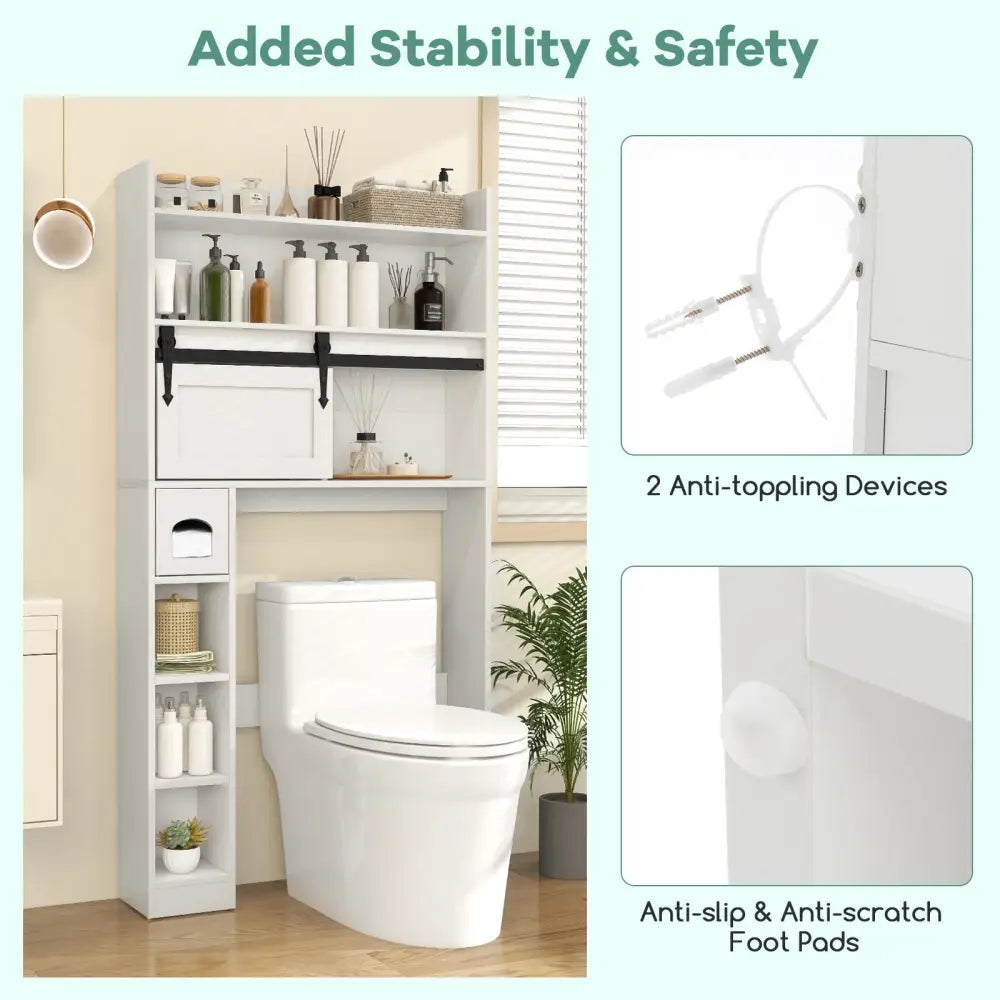 Over The Toilet Storage Cabinet with Sliding Barn Door and Adjustable Shelves-White - White - Over the Toilet Storage