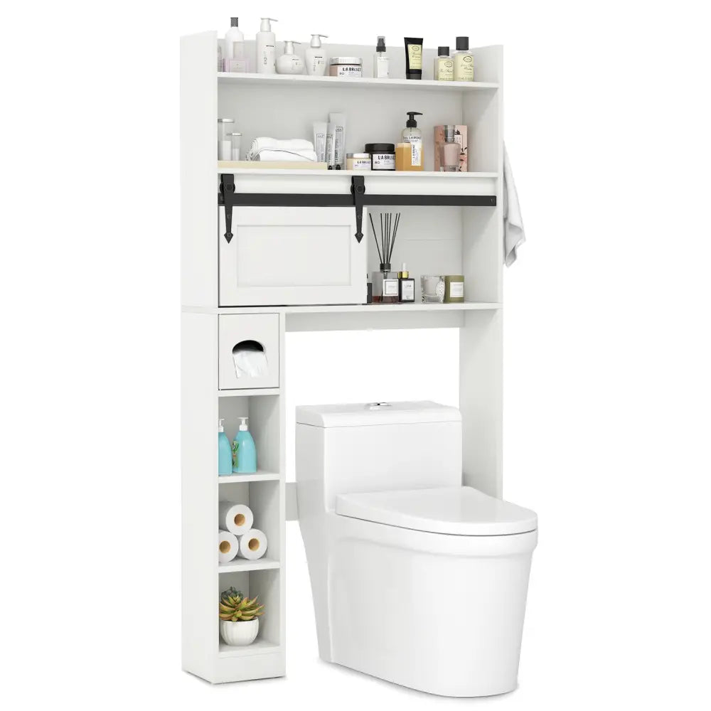 Over The Toilet Storage Cabinet with Sliding Barn Door and Adjustable Shelves-White - White - Over the Toilet Storage