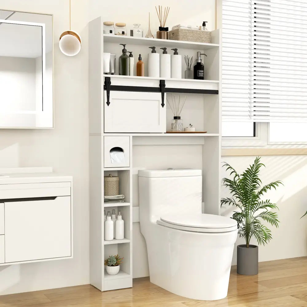 Over The Toilet Storage Cabinet with Sliding Barn Door and Adjustable Shelves-White - White - Over the Toilet Storage