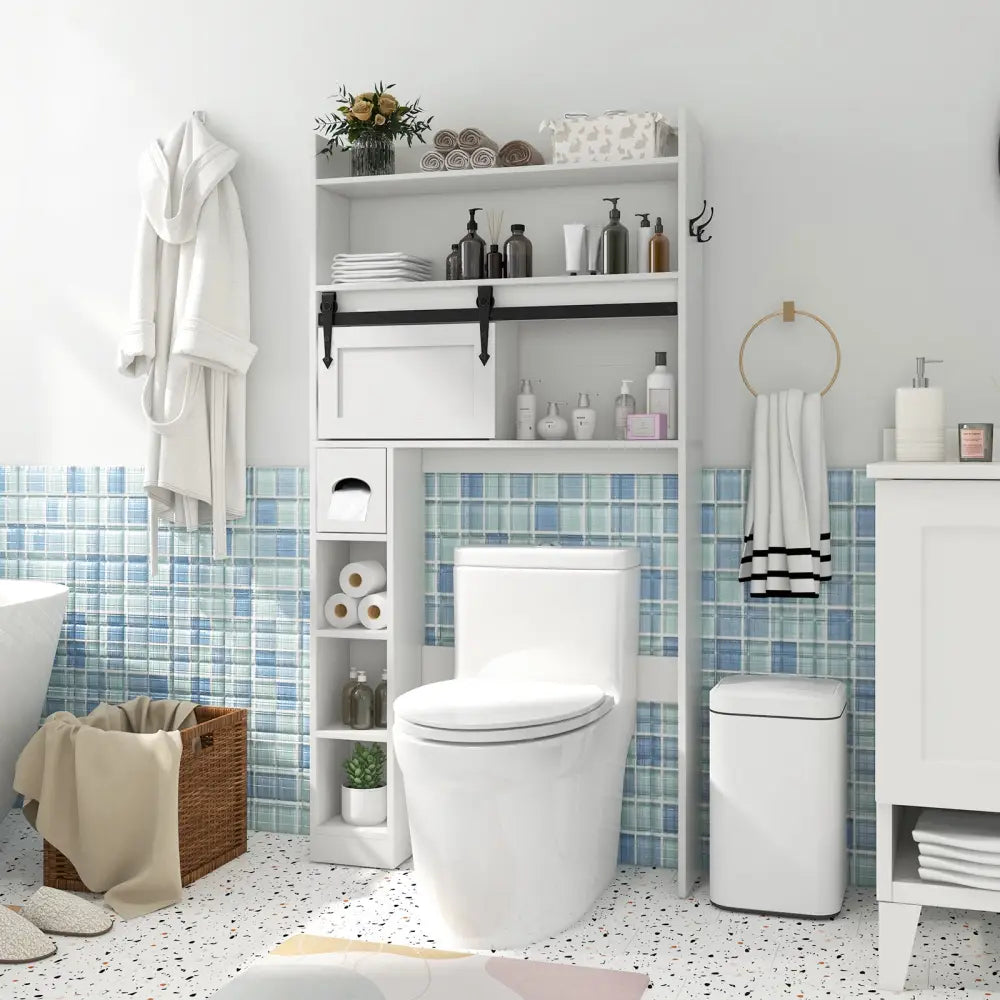Over The Toilet Storage Cabinet with Sliding Barn Door and Adjustable Shelves-White - White - Over the Toilet Storage