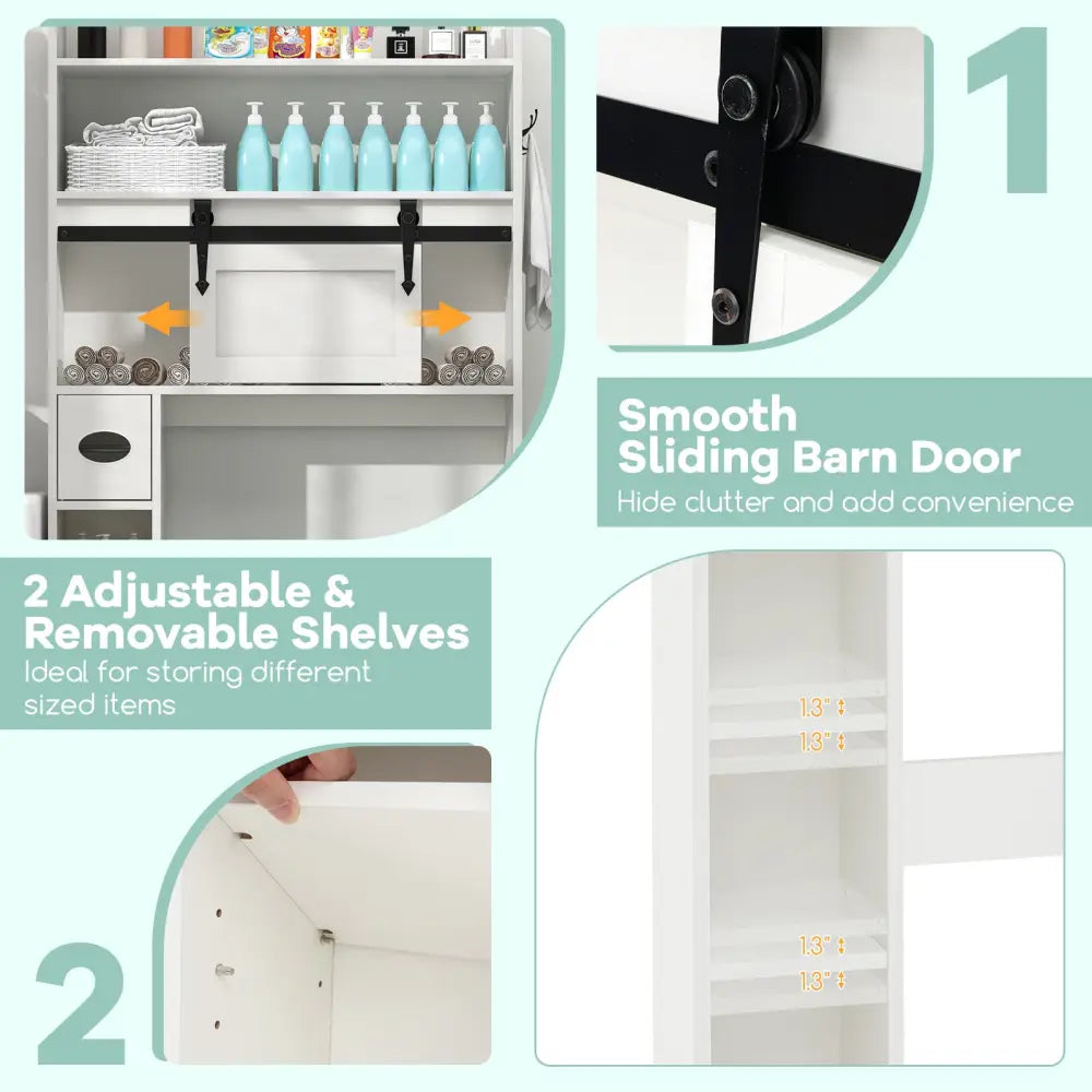 Over The Toilet Storage Cabinet with Sliding Barn Door and Adjustable Shelves-White - White - Over the Toilet Storage