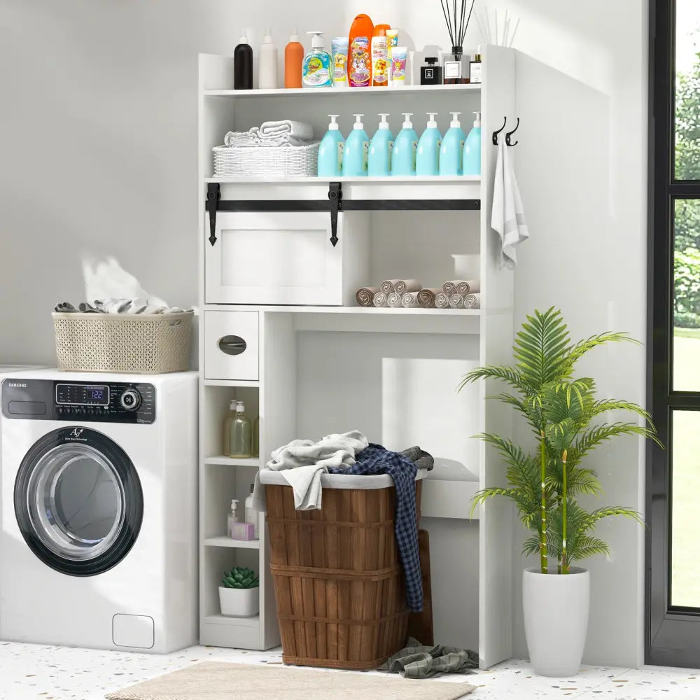Over The Toilet Storage Cabinet with Sliding Barn Door and Adjustable Shelves-White - White - Over the Toilet Storage