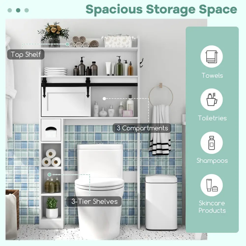 Over The Toilet Storage Cabinet with Sliding Barn Door and Adjustable Shelves-White - White - Over the Toilet Storage