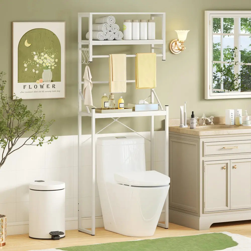 Over the Toilet Storage Rack 3-Tier Over Toilet Bathroom Organizer with Towel Holder-White - White - Over the Toilet