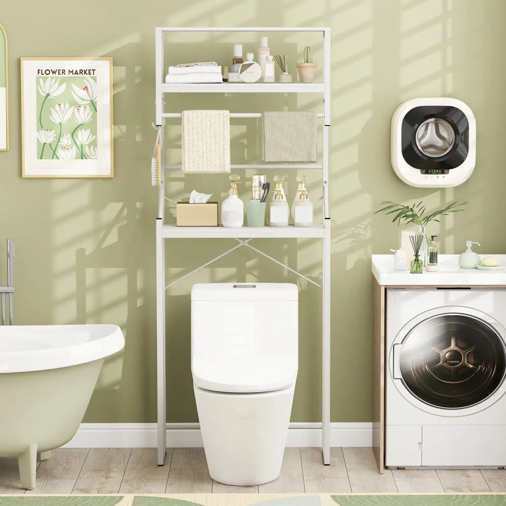 Over the Toilet Storage Rack 3-Tier Over Toilet Bathroom Organizer with Towel Holder-White - White - Over the Toilet