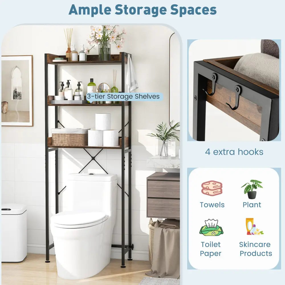Over The Toilet Storage Rack with Hooks and Adjustable Bottom Bar-Rustic Brown - Rustic Brown - Over the Toilet Storage