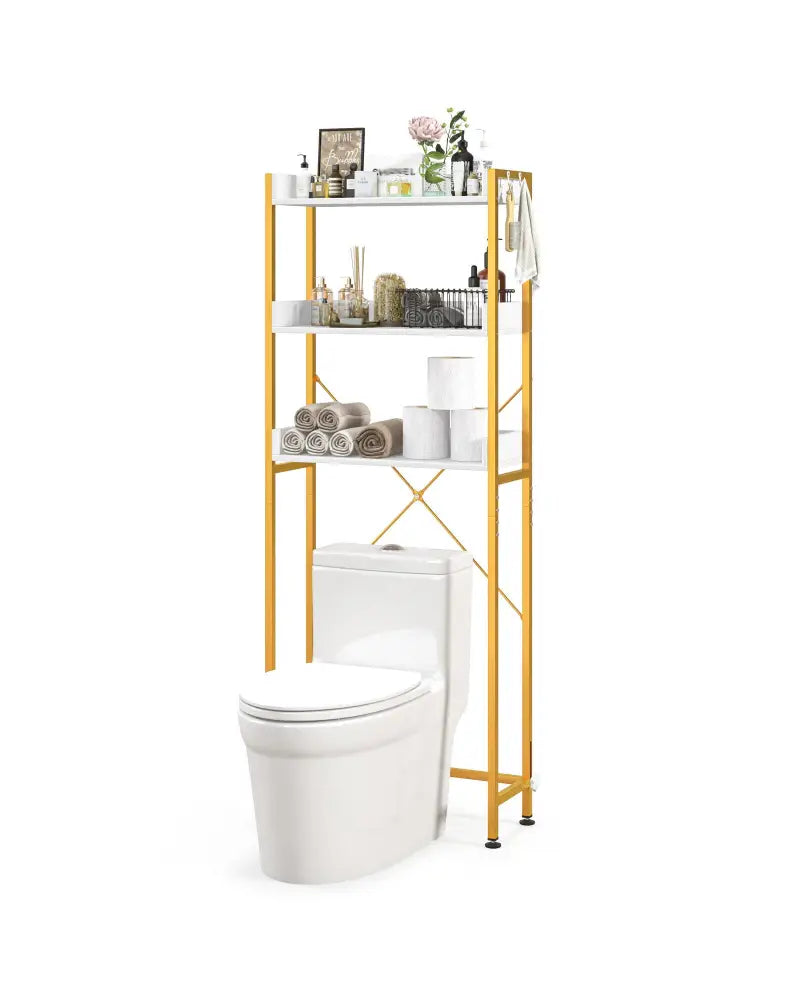 Over The Toilet Storage Rack with Hooks and Adjustable Bottom Bar-White - White - Over the Toilet Storage