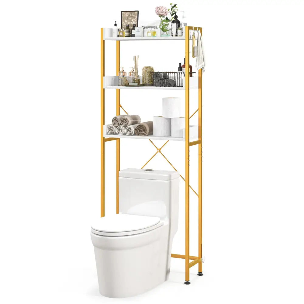 Over The Toilet Storage Rack with Hooks and Adjustable Bottom Bar-White - White - Over the Toilet Storage