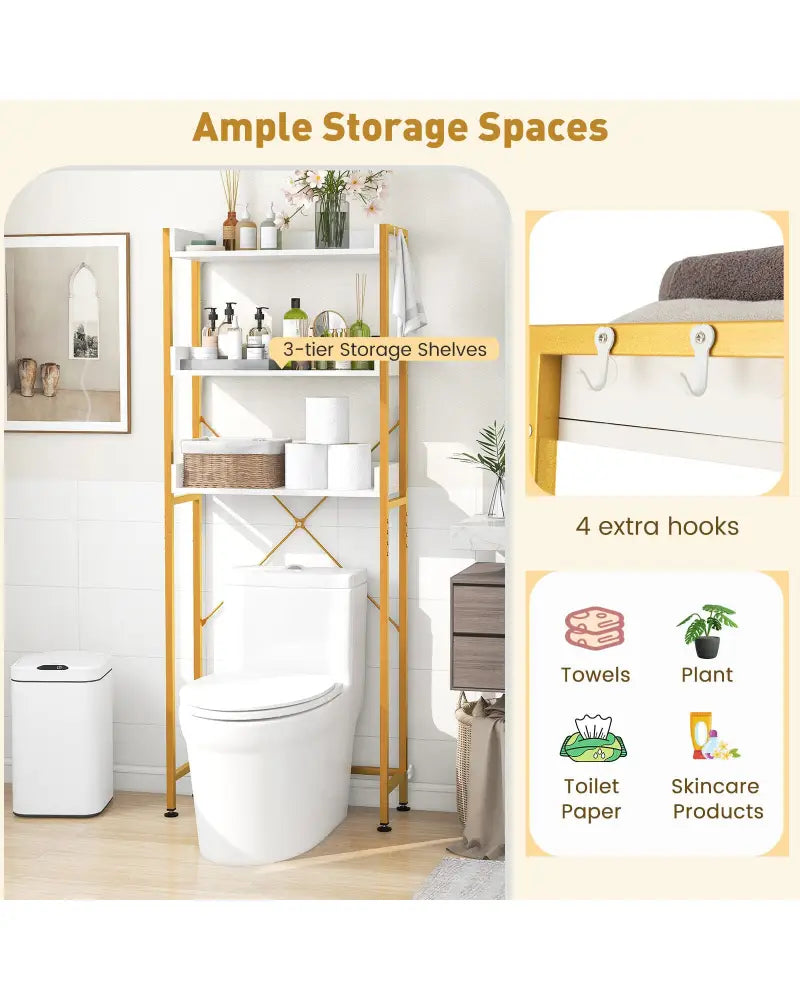 Over The Toilet Storage Rack with Hooks and Adjustable Bottom Bar-White - White - Over the Toilet Storage
