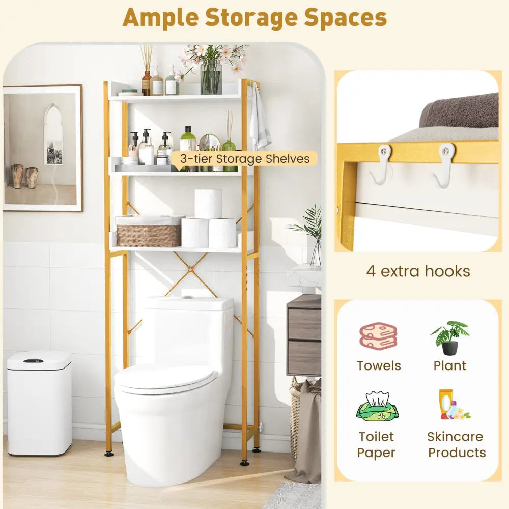 Over The Toilet Storage Rack with Hooks and Adjustable Bottom Bar-White - White - Over the Toilet Storage