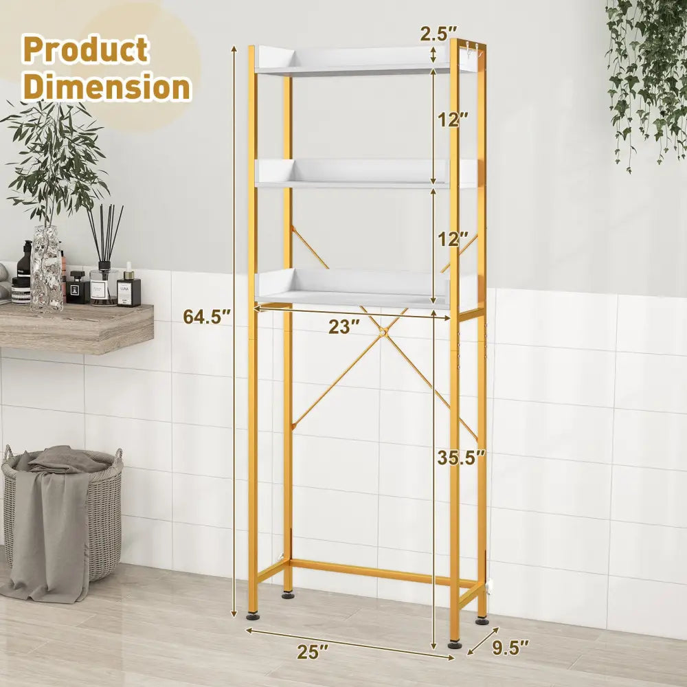 Over The Toilet Storage Rack with Hooks and Adjustable Bottom Bar-White - White - Over the Toilet Storage