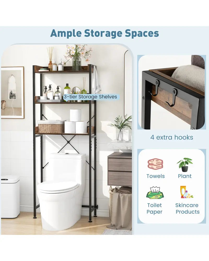 Over The Toilet Storage Rack with Hooks and Adjustable Bottom Bar-Rustic Brown - Rustic Brown - Over the Toilet Storage