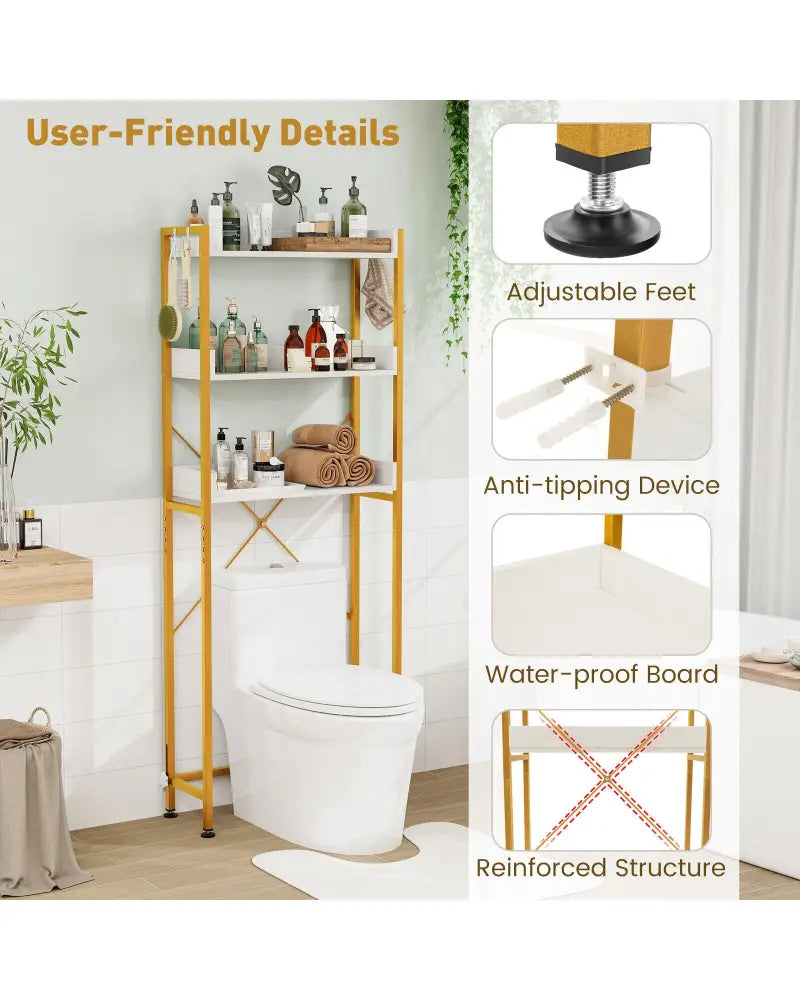 Over The Toilet Storage Rack with Hooks and Adjustable Bottom Bar-White - White - Over the Toilet Storage
