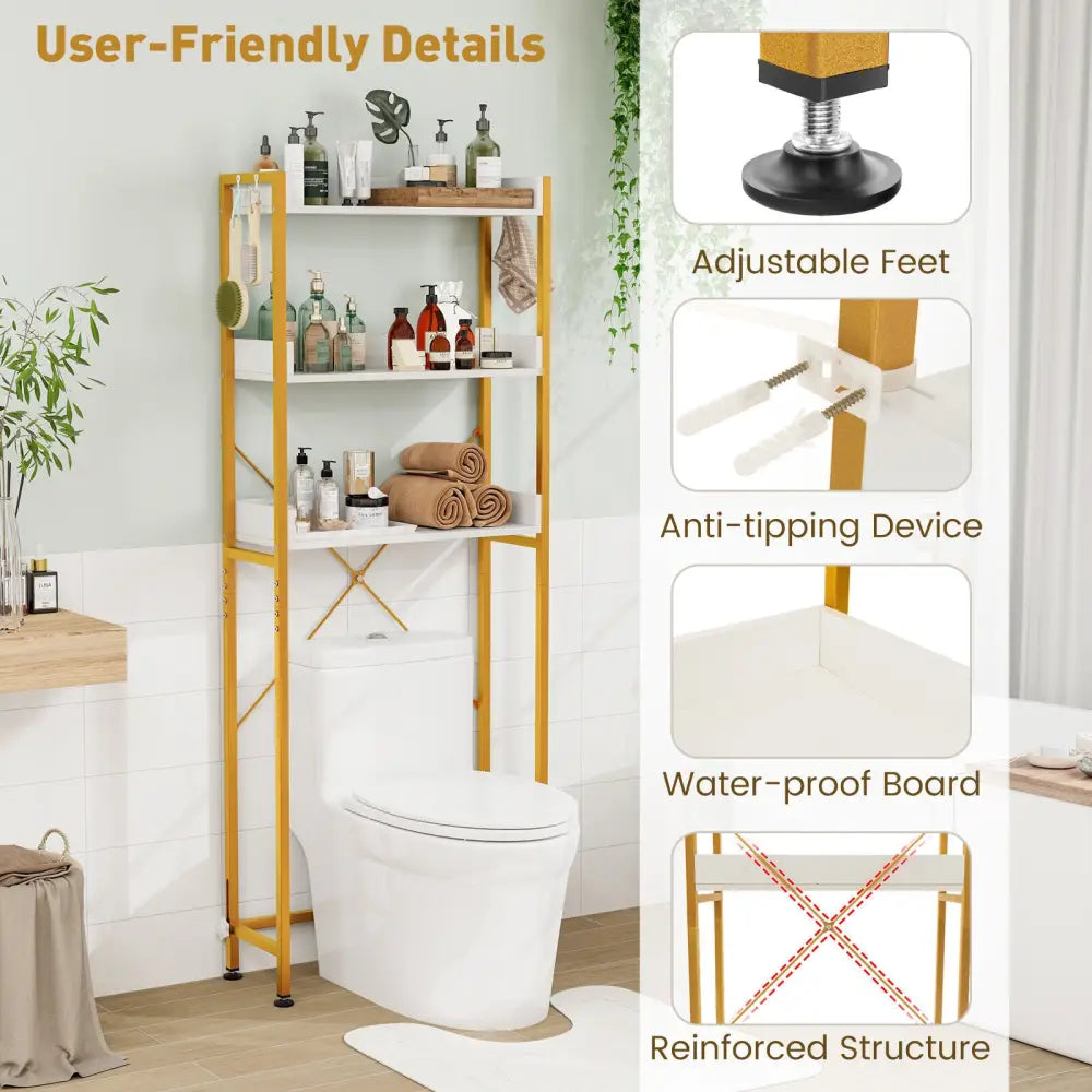 Over The Toilet Storage Rack with Hooks and Adjustable Bottom Bar-White - White - Over the Toilet Storage
