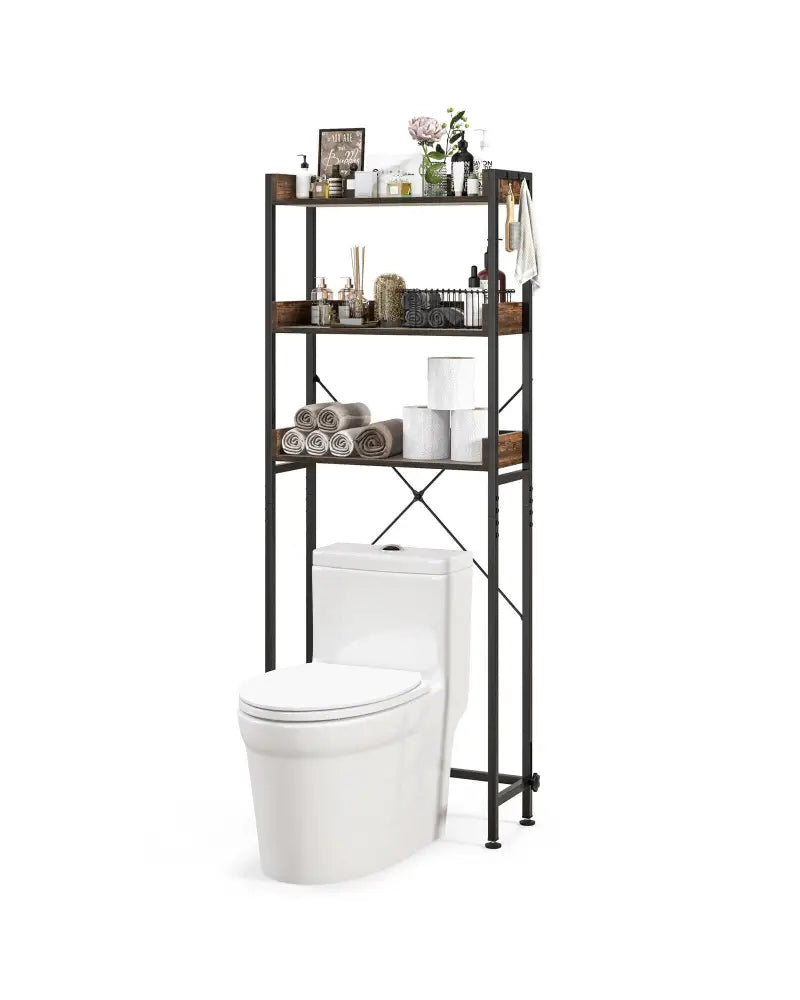 Over The Toilet Storage Rack with Hooks and Adjustable Bottom Bar-Rustic Brown - Rustic Brown - Over the Toilet Storage
