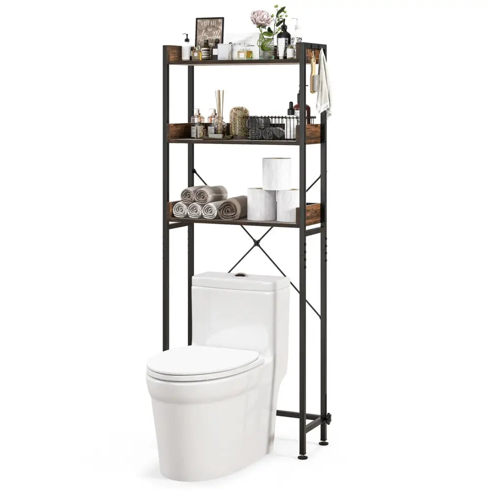 Over The Toilet Storage Rack with Hooks and Adjustable Bottom Bar-Rustic Brown - Rustic Brown - Over the Toilet Storage