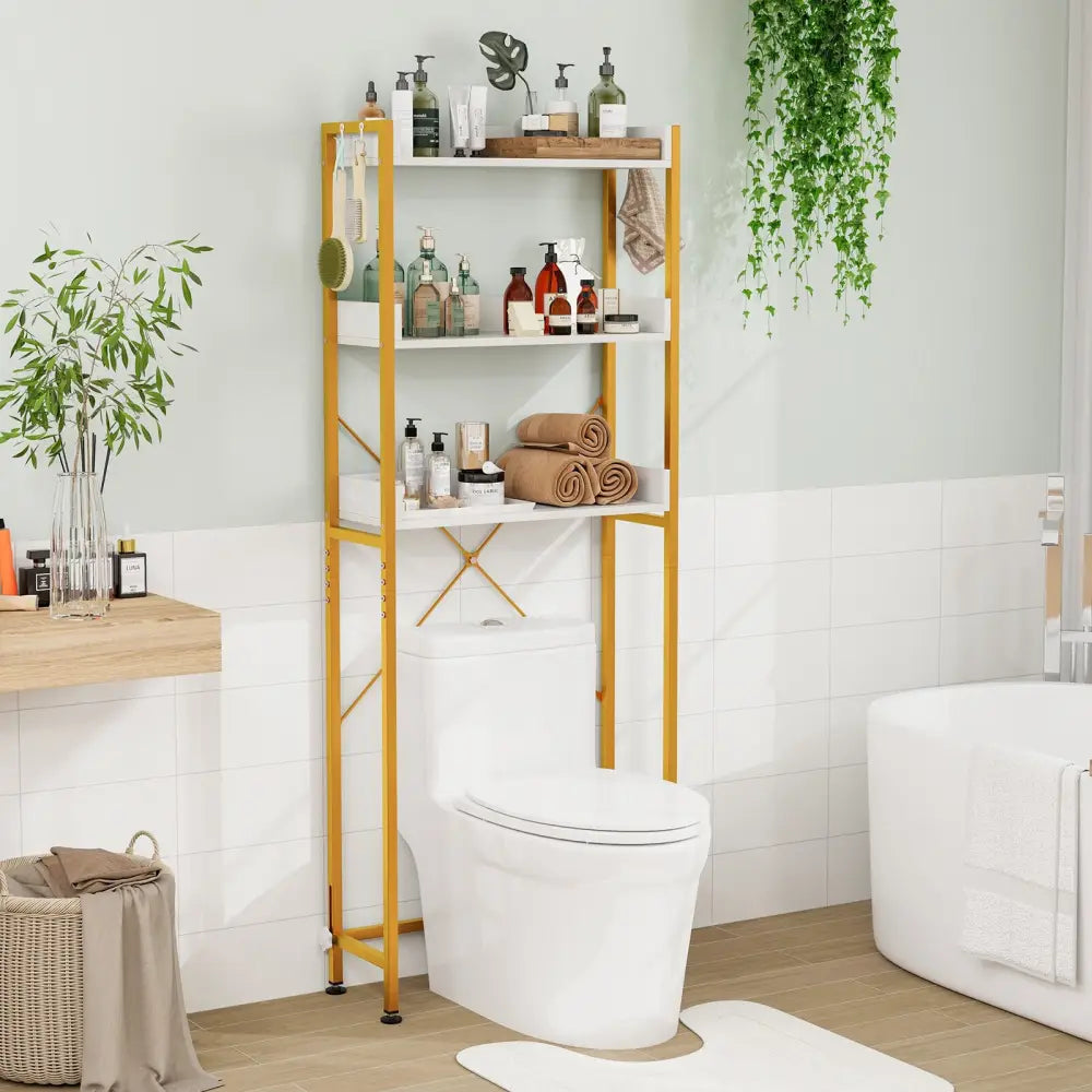 Over The Toilet Storage Rack with Hooks and Adjustable Bottom Bar-White - White - Over the Toilet Storage