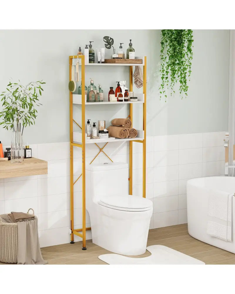 Over The Toilet Storage Rack with Hooks and Adjustable Bottom Bar-White - White - Over the Toilet Storage