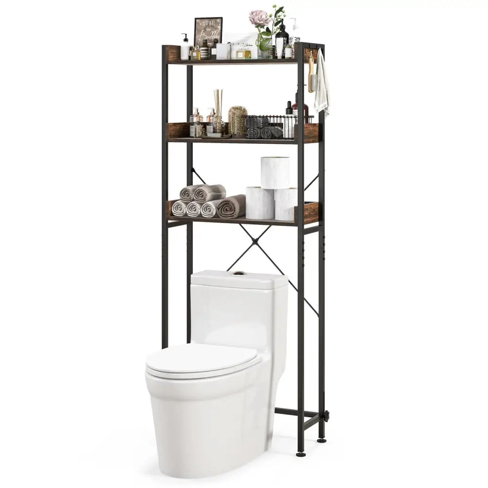 Over The Toilet Storage Rack with Hooks and Adjustable Bottom Bar-Rustic Brown - Rustic Brown - Over the Toilet Storage
