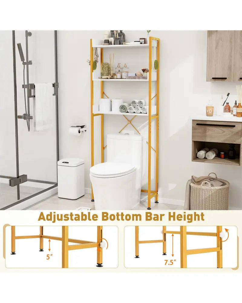 Over The Toilet Storage Rack with Hooks and Adjustable Bottom Bar-White - White - Over the Toilet Storage