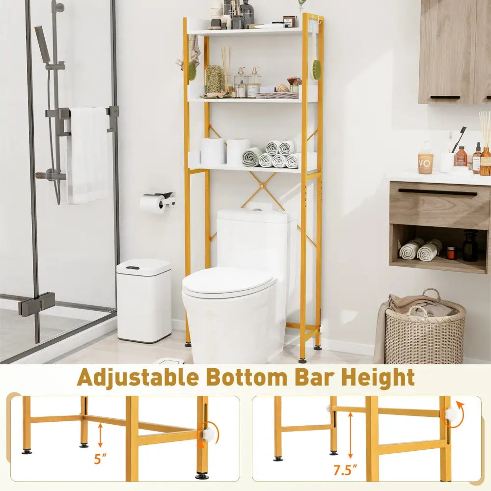 Over The Toilet Storage Rack with Hooks and Adjustable Bottom Bar-White - White - Over the Toilet Storage