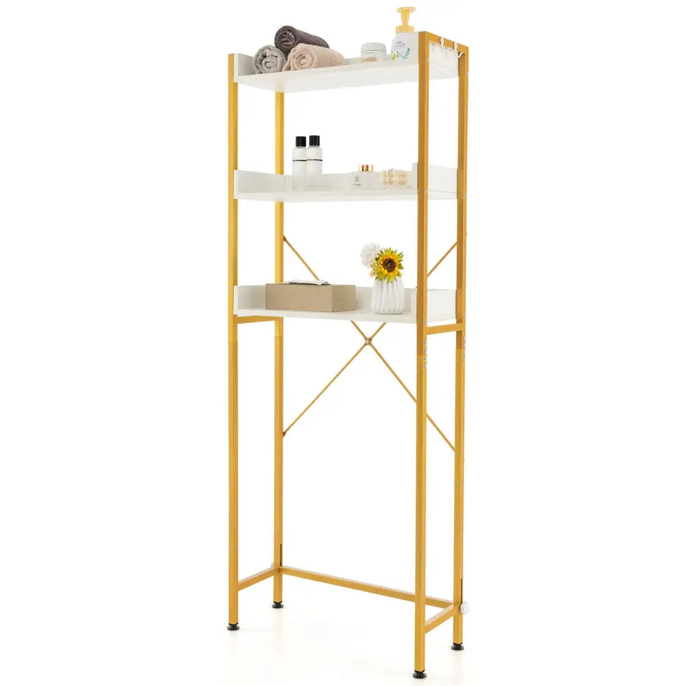 Over The Toilet Storage Rack with Hooks and Adjustable Bottom Bar-White - White - Over the Toilet Storage