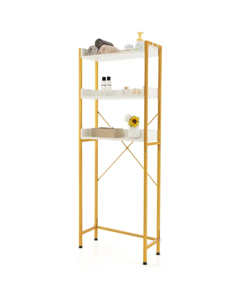 Over The Toilet Storage Rack with Hooks and Adjustable Bottom Bar-White - White - Over the Toilet Storage