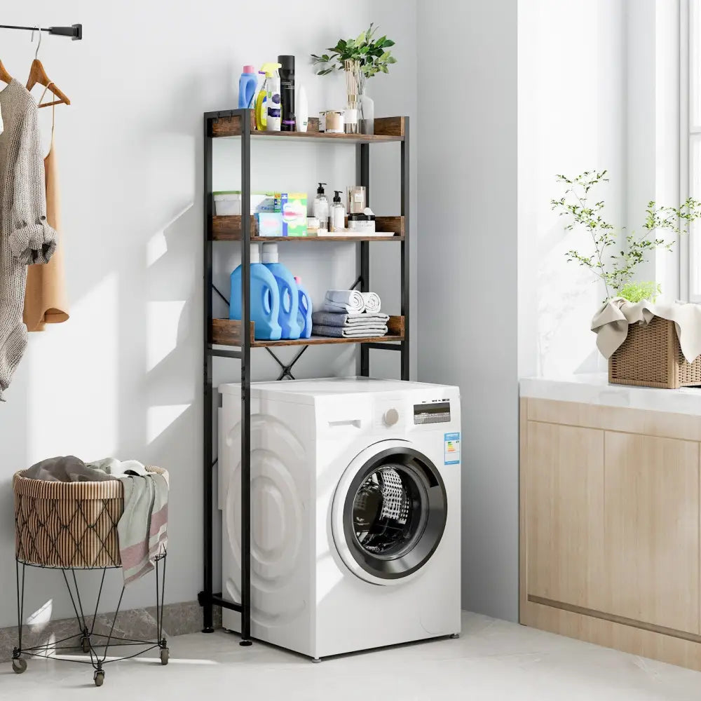 Over The Toilet Storage Rack with Hooks and Adjustable Bottom Bar-Rustic Brown - Rustic Brown - Over the Toilet Storage